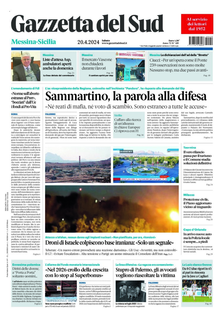 Prima-pagina-gazzetta-del-sud-messina-edizione-di-oggi-20-04-2024