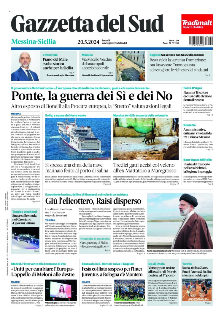 Prima-pagina-gazzetta-del-sud-messina-edizione-di-oggi-20-05-2024