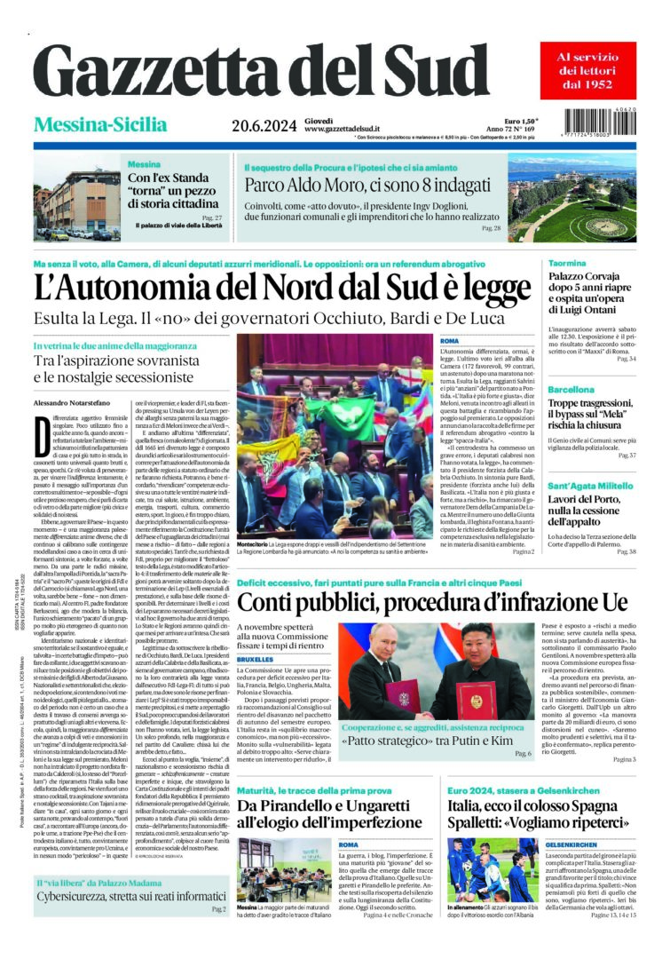 Prima-pagina-gazzetta-del-sud-messina-edizione-di-oggi-20-06-2024