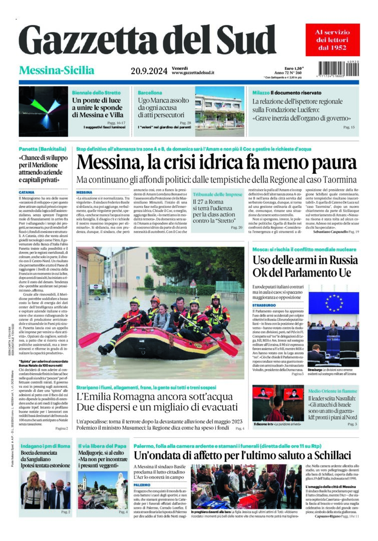 Prima-pagina-gazzetta-del-sud-messina-edizione-di-oggi-20-09-2024