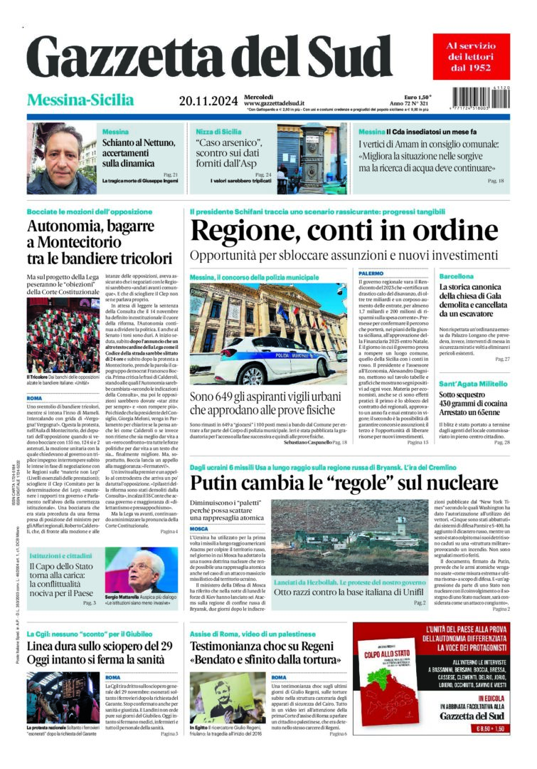 Prima-pagina-gazzetta-del-sud-messina-edizione-di-oggi-20-11-2024