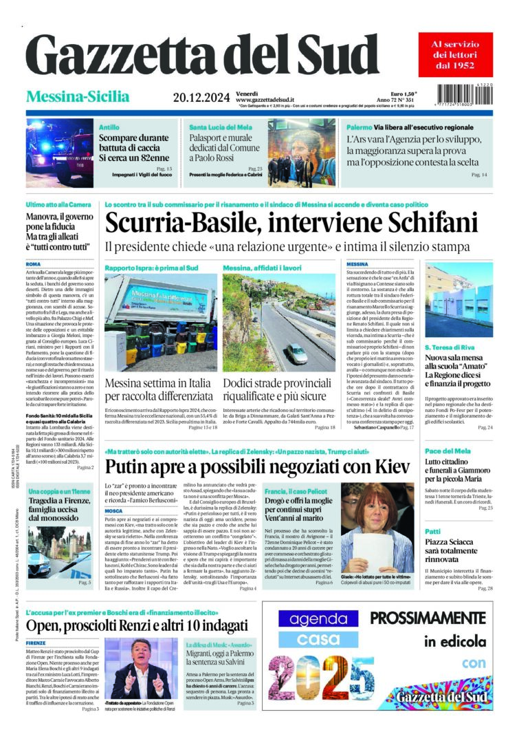 Prima-pagina-gazzetta-del-sud-messina-edizione-di-oggi-20-12-2024