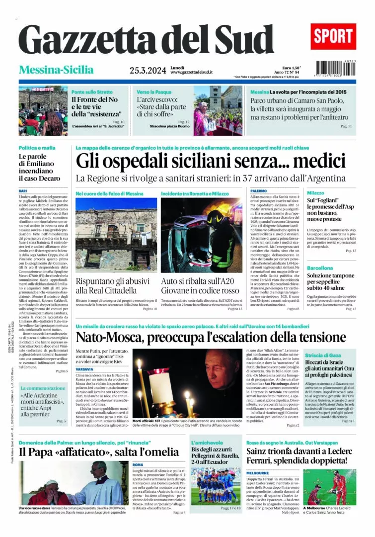 Prima-pagina-gazzetta-del-sud-messina-edizione-di-oggi-2024-03-25