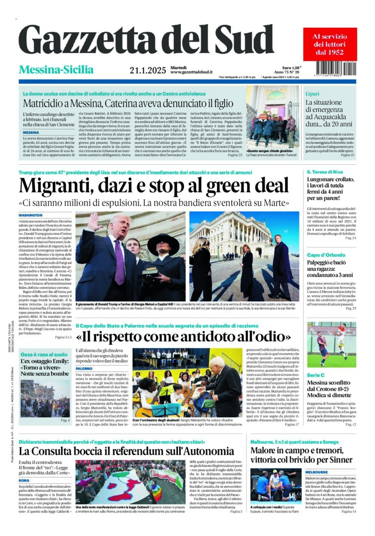 Prima-pagina-gazzetta-del-sud-messina-edizione-di-oggi-21-01-2025