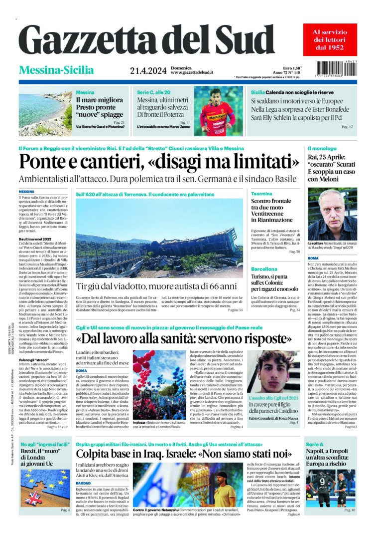 Prima-pagina-gazzetta-del-sud-messina-edizione-di-oggi-21-04-2024