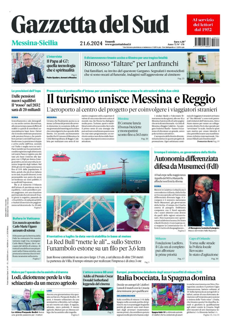 Prima-pagina-gazzetta-del-sud-messina-edizione-di-oggi-21-06-2024