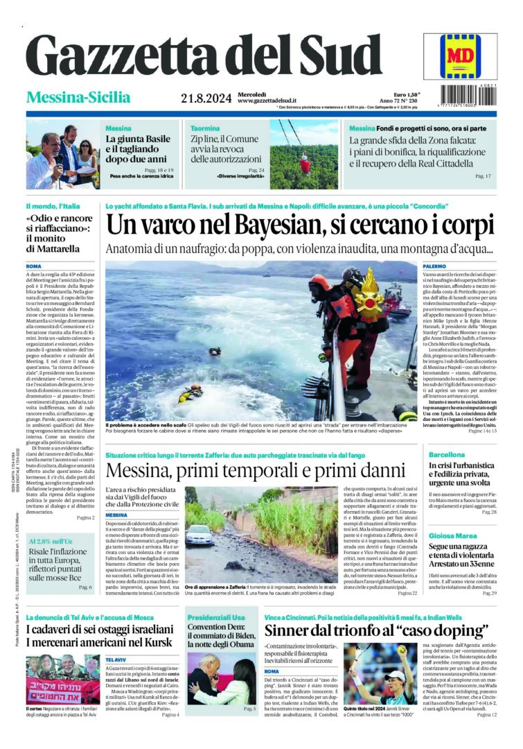 Prima-pagina-gazzetta-del-sud-messina-edizione-di-oggi-21-08-2024