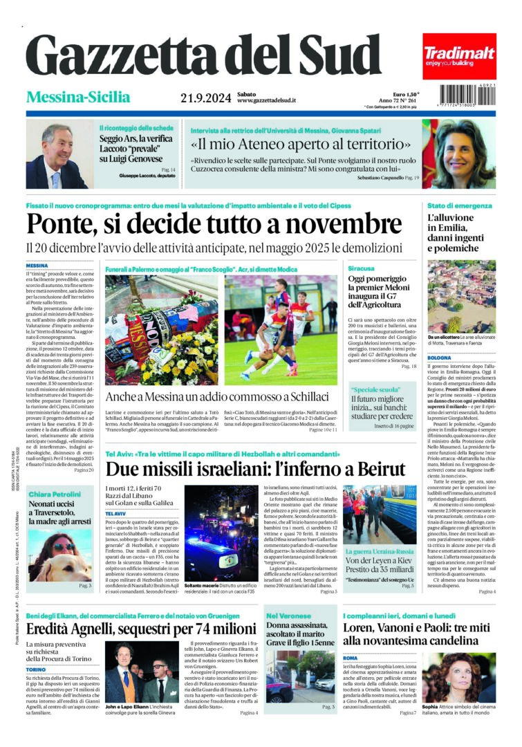 Prima-pagina-gazzetta-del-sud-messina-edizione-di-oggi-21-09-2024