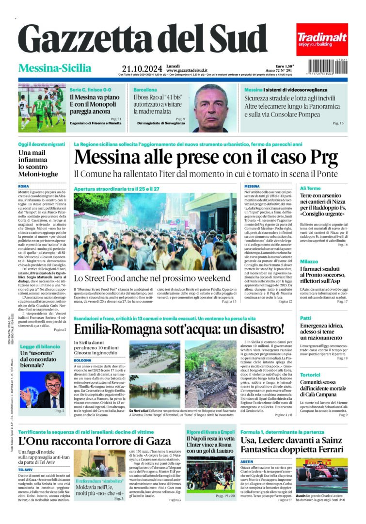 Prima-pagina-gazzetta-del-sud-messina-edizione-di-oggi-21-10-2024