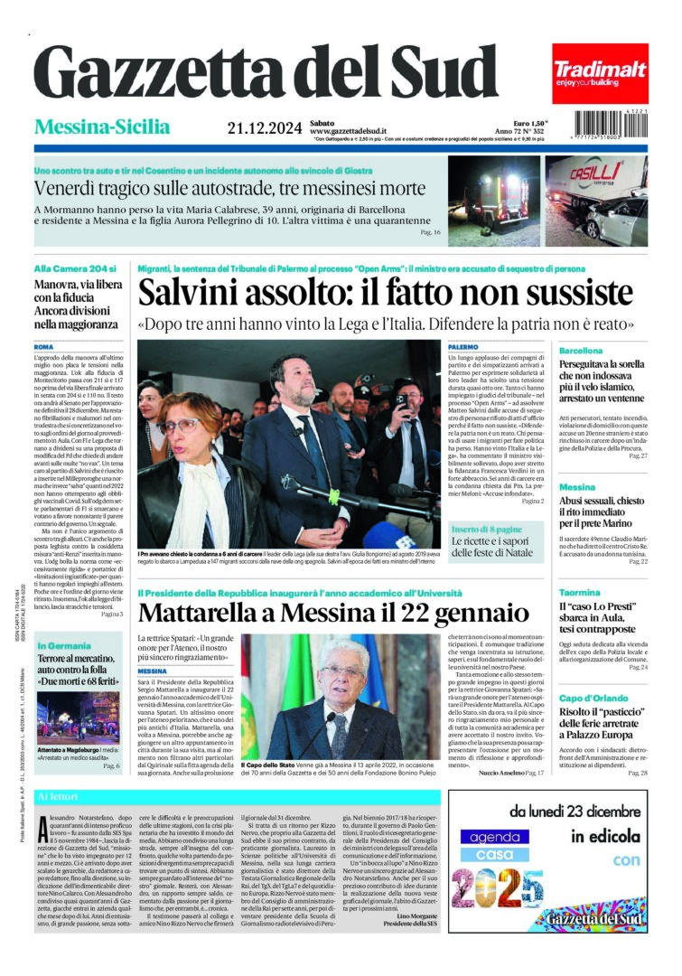 Prima-pagina-gazzetta-del-sud-messina-edizione-di-oggi-21-12-2024