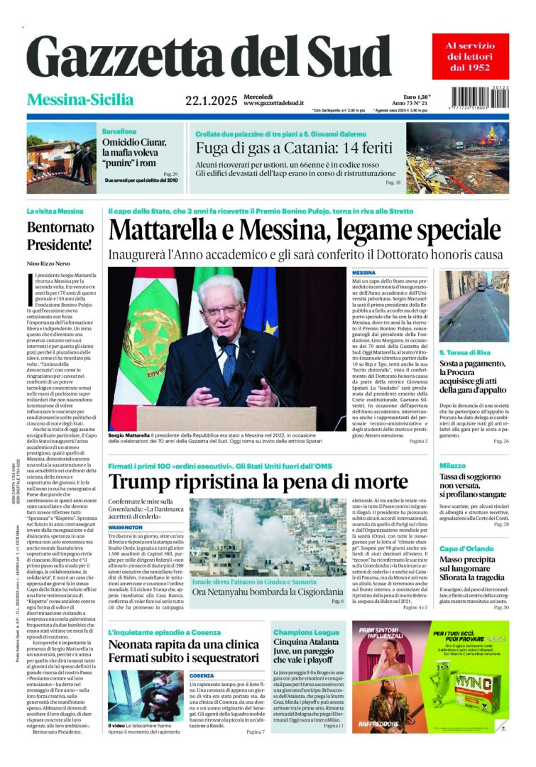 Prima-pagina-gazzetta-del-sud-messina-edizione-di-oggi-22-01-2025