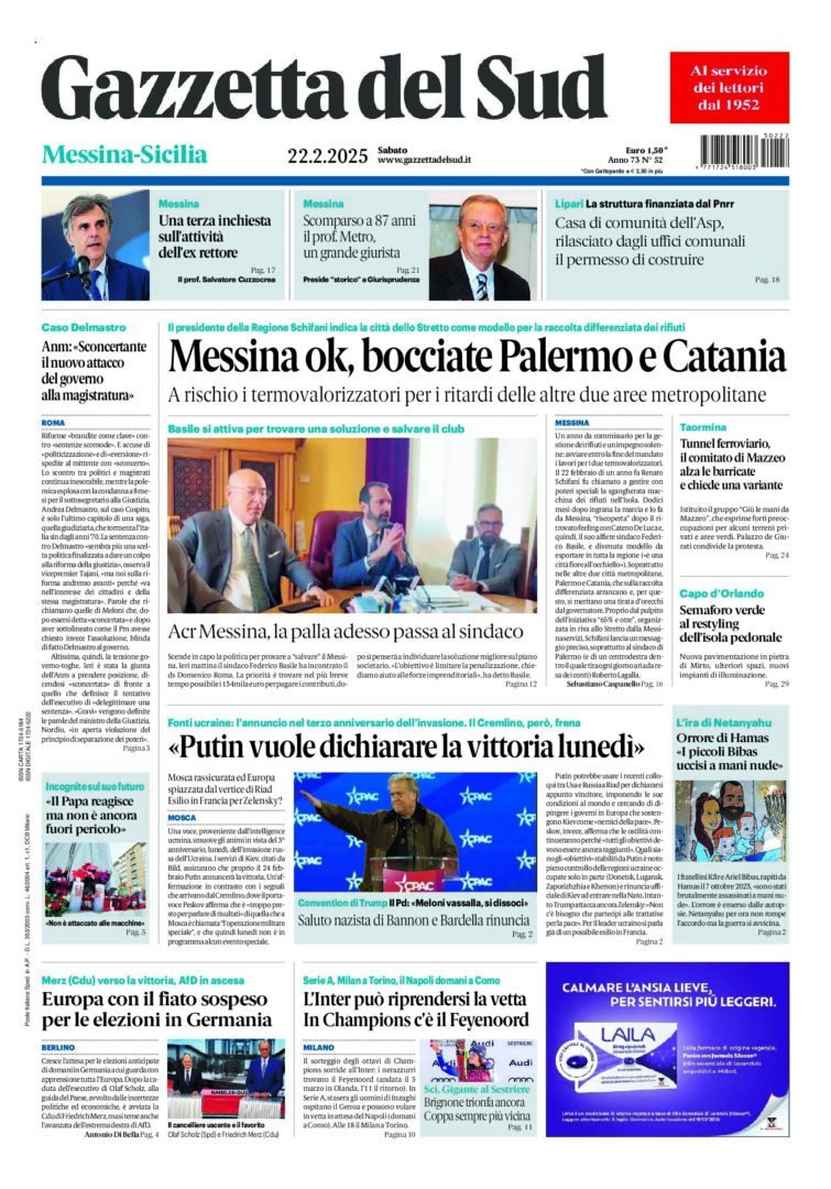 Prima-pagina-gazzetta-del-sud-messina-edizione-di-oggi-22-02-2025