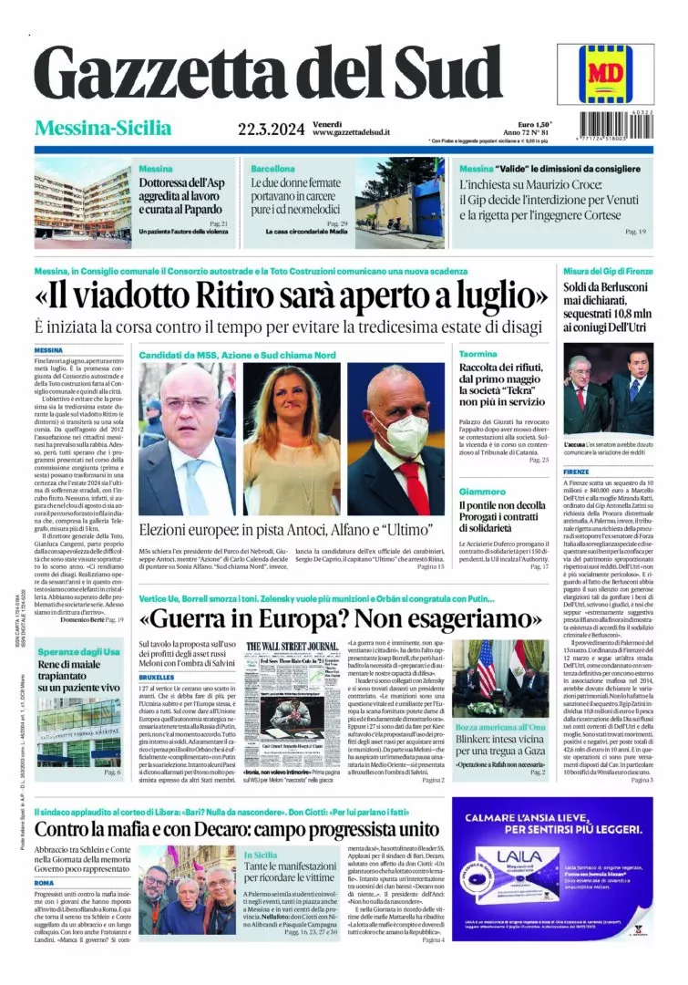 Prima-pagina-gazzetta-del-sud-messina-edizione-di-oggi-22-03-2024
