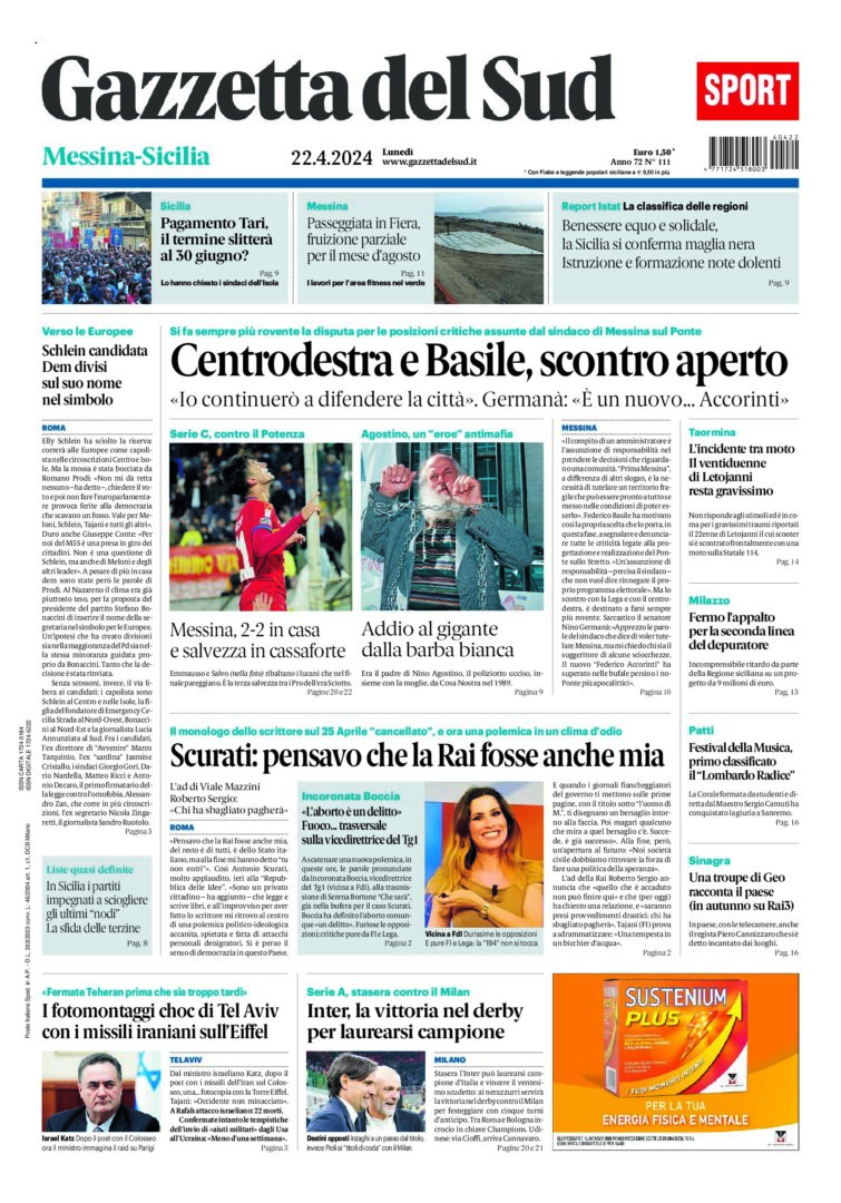 Prima-pagina-gazzetta-del-sud-messina-edizione-di-oggi-22-04-2024