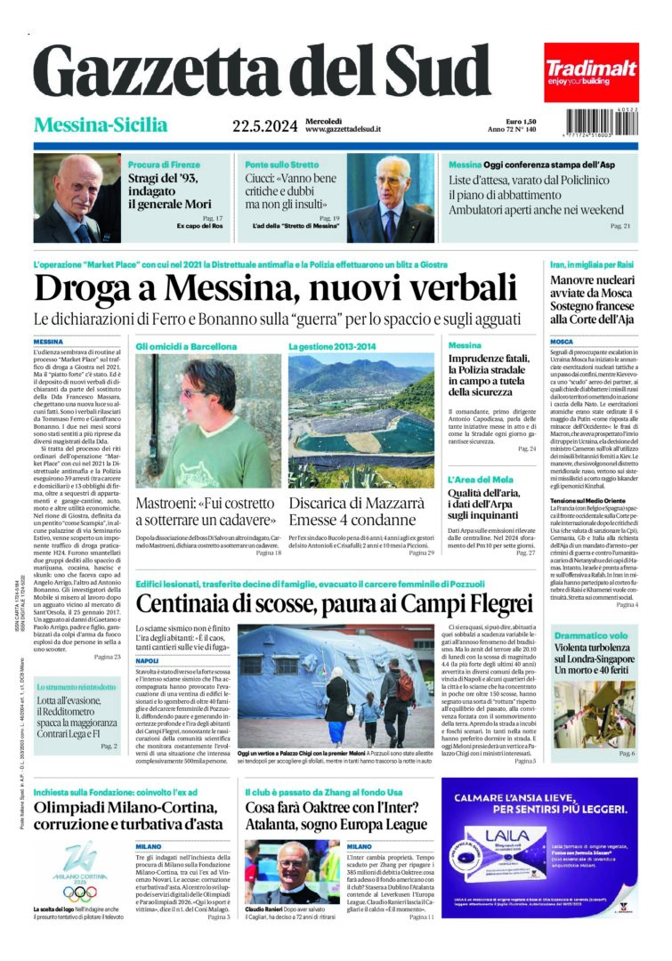 Prima-pagina-gazzetta-del-sud-messina-edizione-di-oggi-22-05-2024