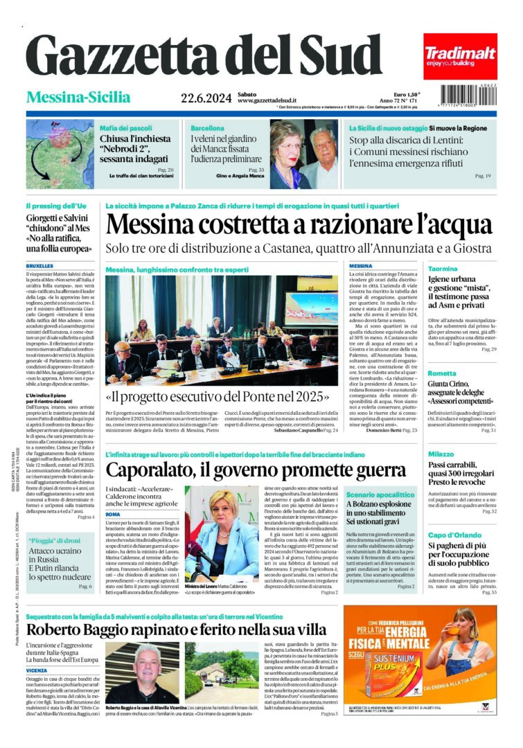 Prima-pagina-gazzetta-del-sud-messina-edizione-di-oggi-22-06-2024