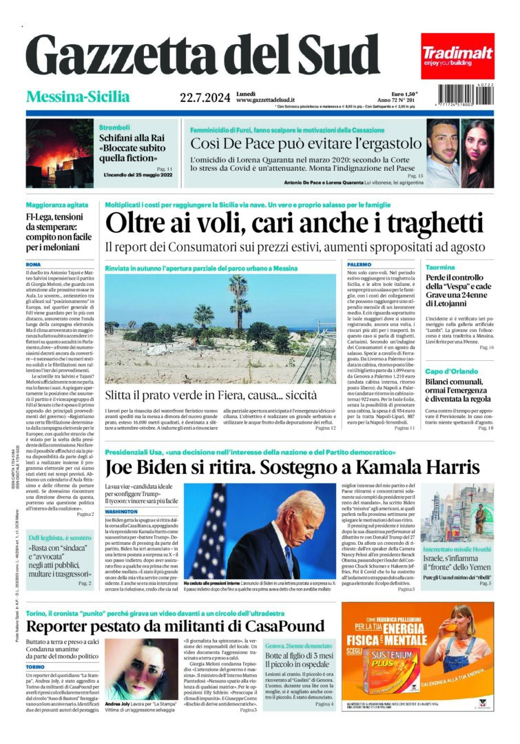 Prima-pagina-gazzetta-del-sud-messina-edizione-di-oggi-22-07-2024