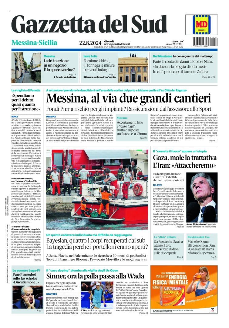 Prima-pagina-gazzetta-del-sud-messina-edizione-di-oggi-22-08-2024