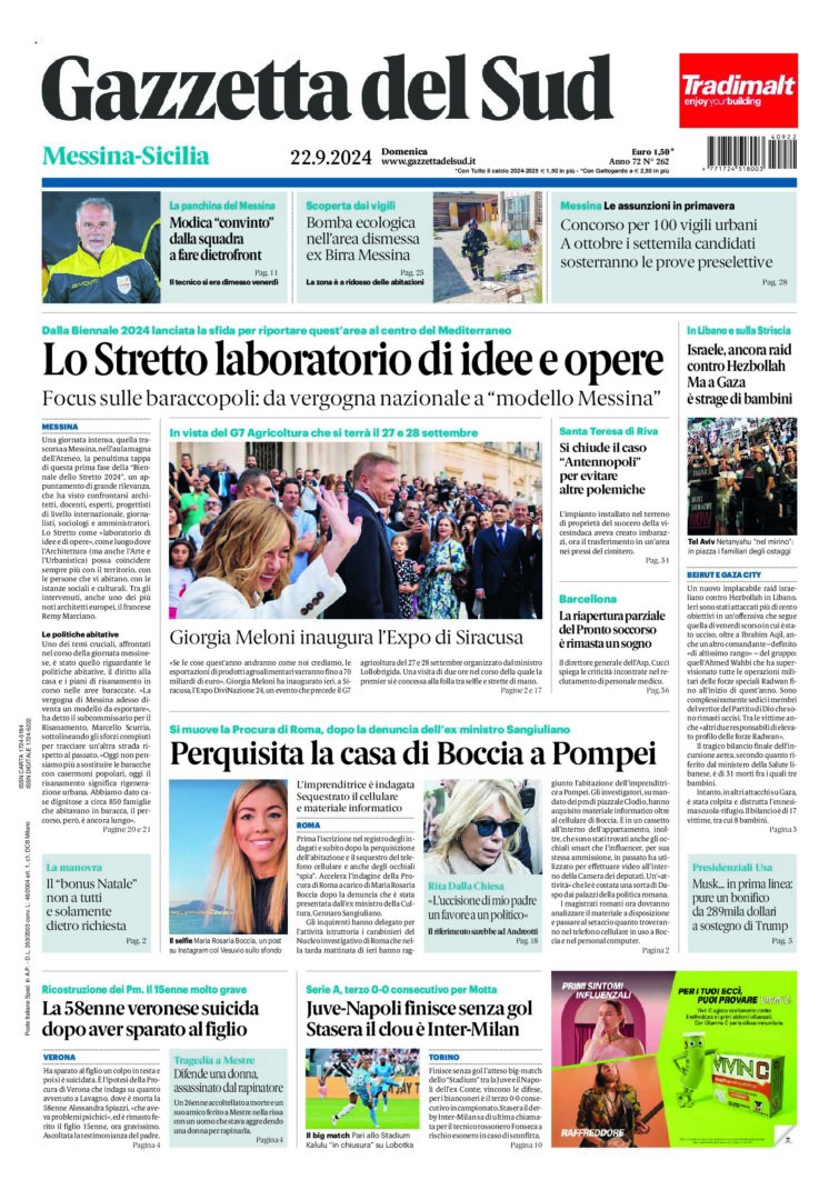 Prima-pagina-gazzetta-del-sud-messina-edizione-di-oggi-22-09-2024