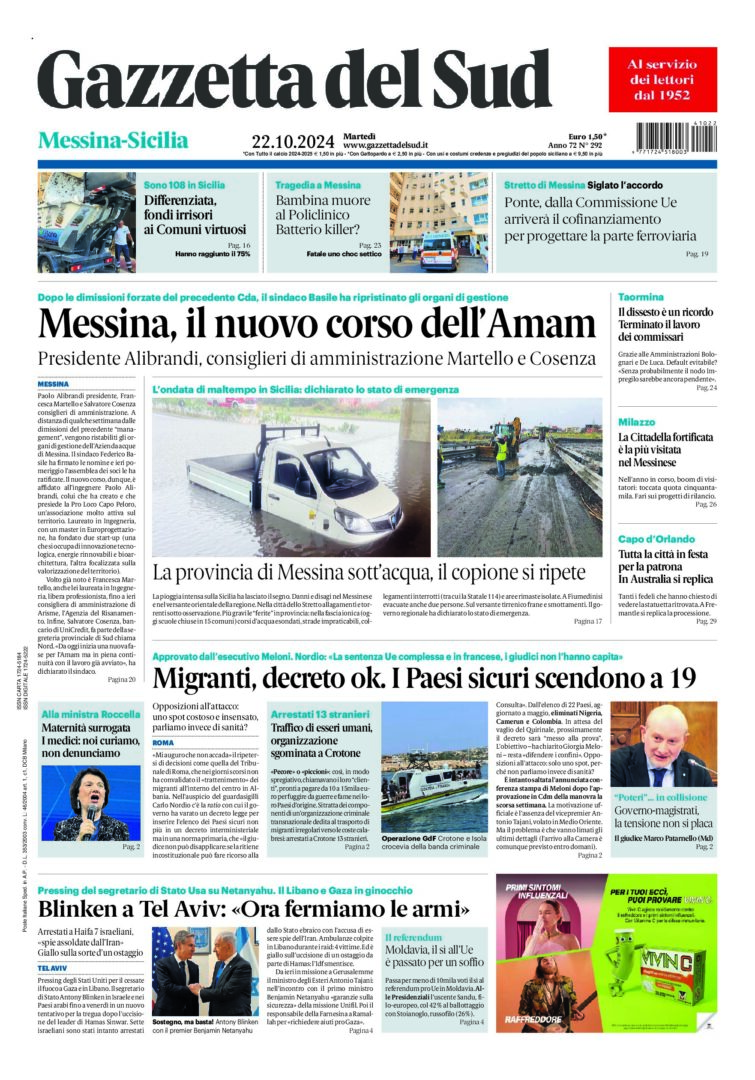 Prima-pagina-gazzetta-del-sud-messina-edizione-di-oggi-22-10-2024