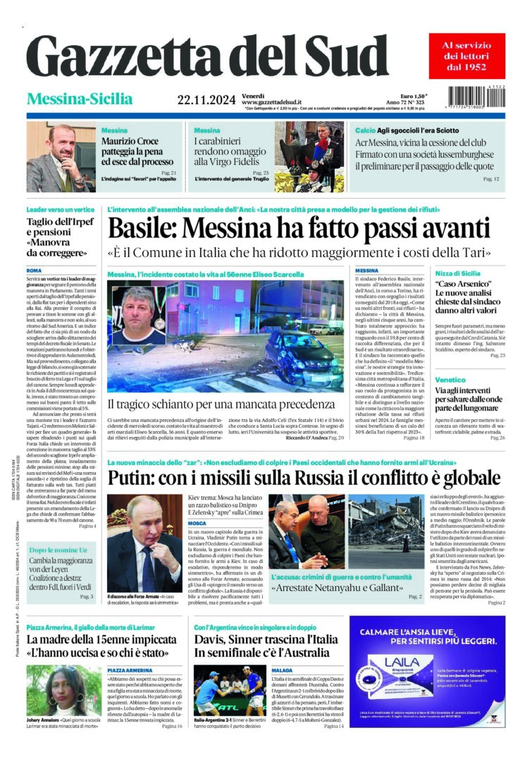 Prima-pagina-gazzetta-del-sud-messina-edizione-di-oggi-22-11-2024