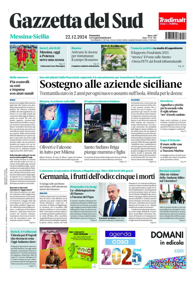 Prima-pagina-gazzetta-del-sud-messina-edizione-di-oggi-22-12-2024