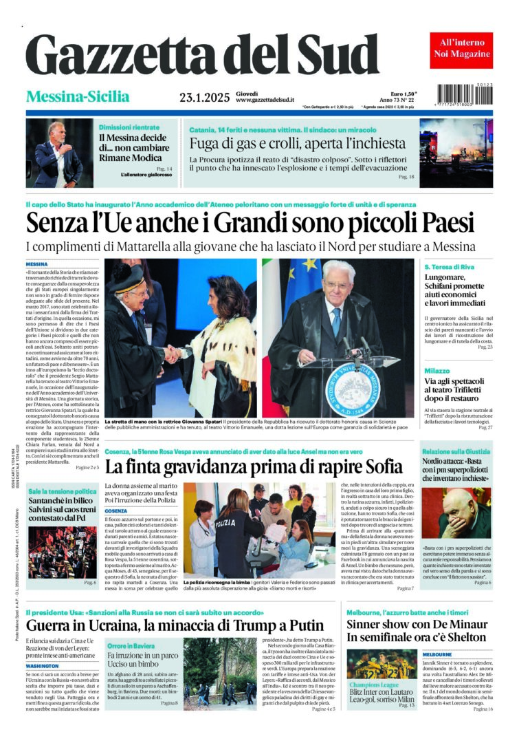 Prima-pagina-gazzetta-del-sud-messina-edizione-di-oggi-23-01-2025