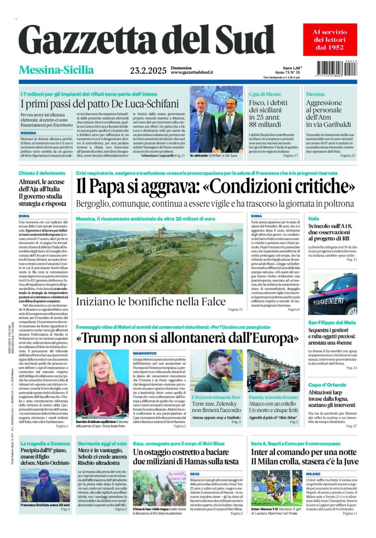 Prima-pagina-gazzetta-del-sud-messina-edizione-di-oggi-23-02-2025