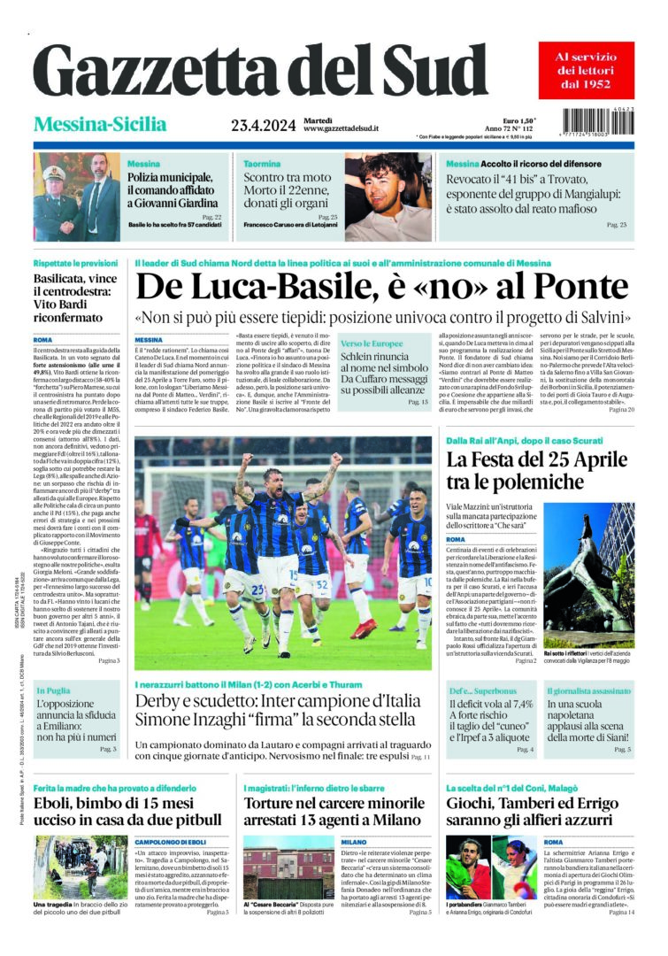 Prima-pagina-gazzetta-del-sud-messina-edizione-di-oggi-23-04-2024