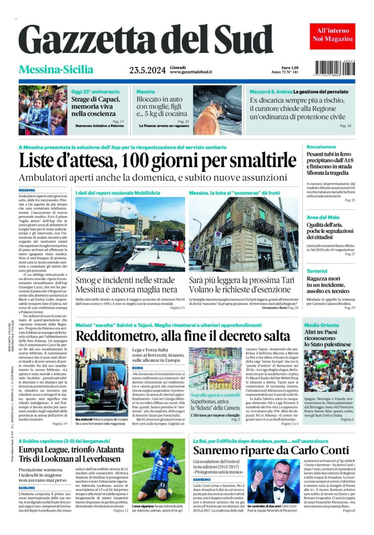 Prima-pagina-gazzetta-del-sud-messina-edizione-di-oggi-23-05-2024