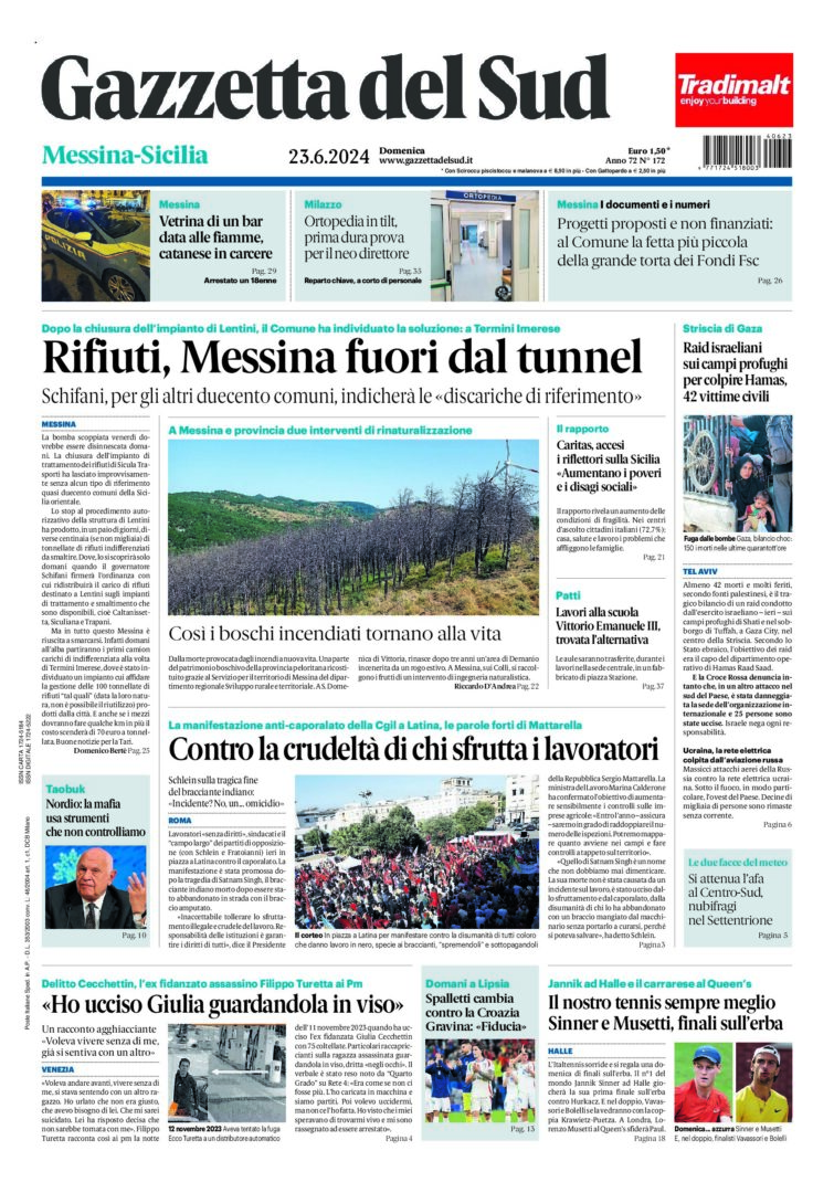 Prima-pagina-gazzetta-del-sud-messina-edizione-di-oggi-23-06-2024