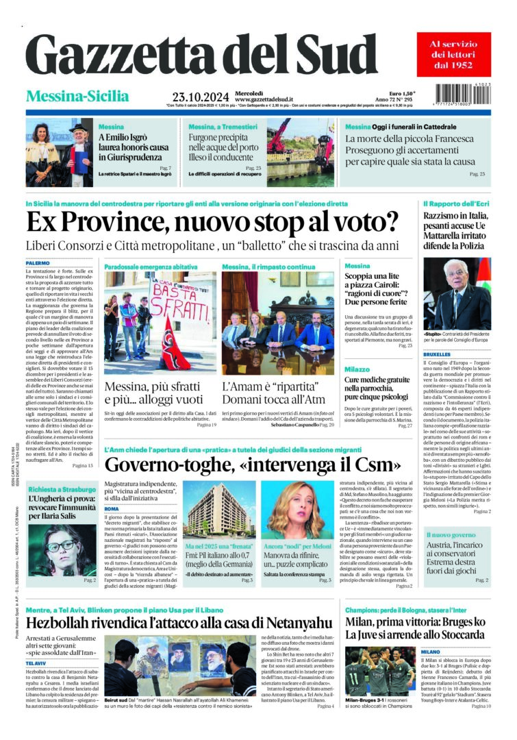 Prima-pagina-gazzetta-del-sud-messina-edizione-di-oggi-23-10-2024