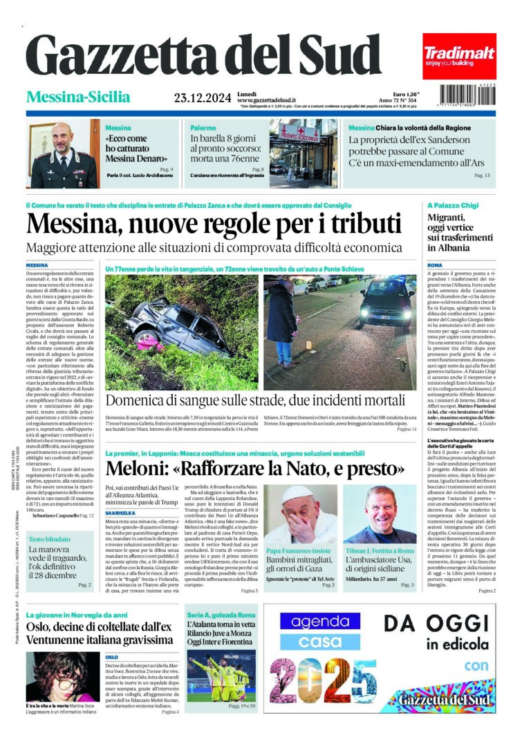 Prima-pagina-gazzetta-del-sud-messina-edizione-di-oggi-23-12-2024