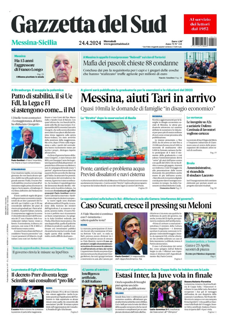 Prima-pagina-gazzetta-del-sud-messina-edizione-di-oggi-24-04-2024