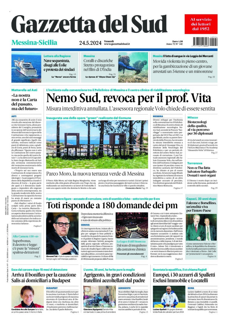 Prima-pagina-gazzetta-del-sud-messina-edizione-di-oggi-24-05-2024