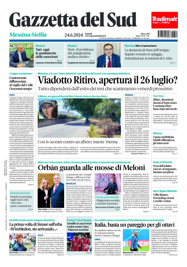 Prima-pagina-gazzetta-del-sud-messina-edizione-di-oggi-24-06-2024