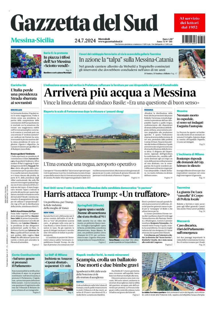 Prima-pagina-gazzetta-del-sud-messina-edizione-di-oggi-24-07-2024