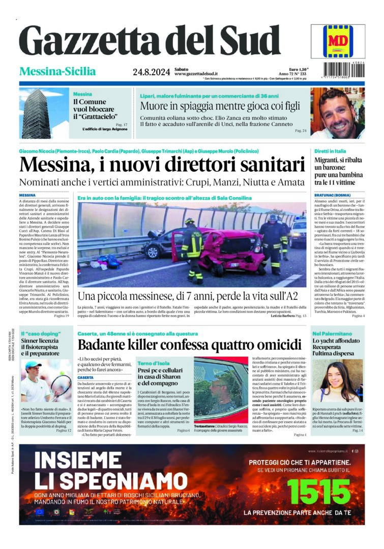 Prima-pagina-gazzetta-del-sud-messina-edizione-di-oggi-24-08-2024