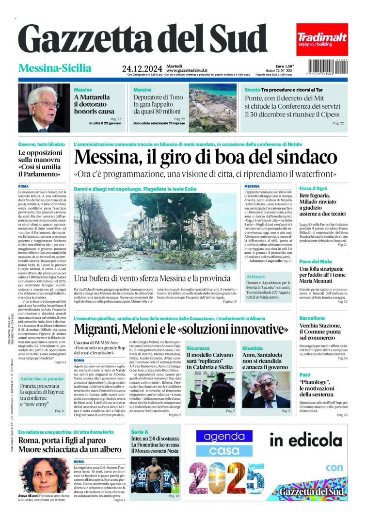 Prima-pagina-gazzetta-del-sud-messina-edizione-di-oggi-24-12-2024