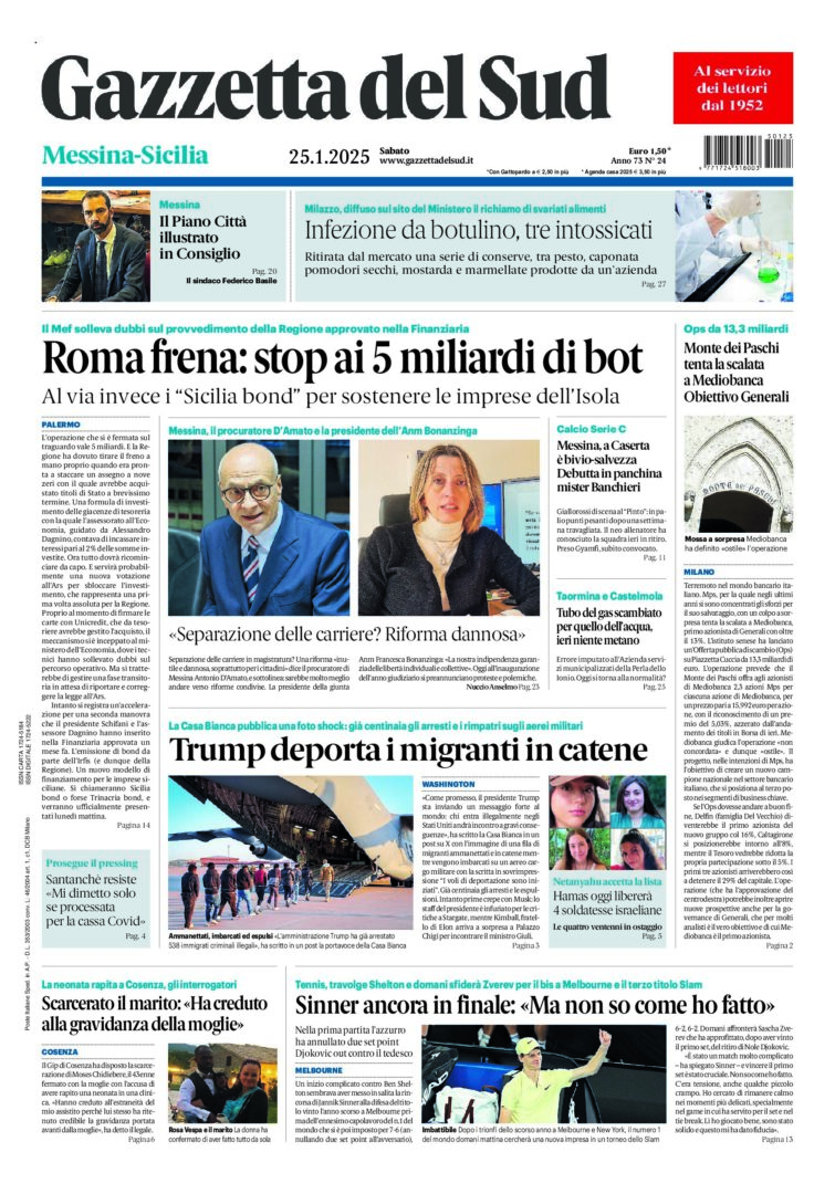 Prima-pagina-gazzetta-del-sud-messina-edizione-di-oggi-25-01-2025