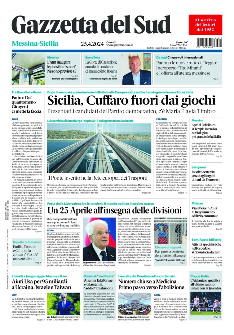 Prima-pagina-gazzetta-del-sud-messina-edizione-di-oggi-25-04-2024