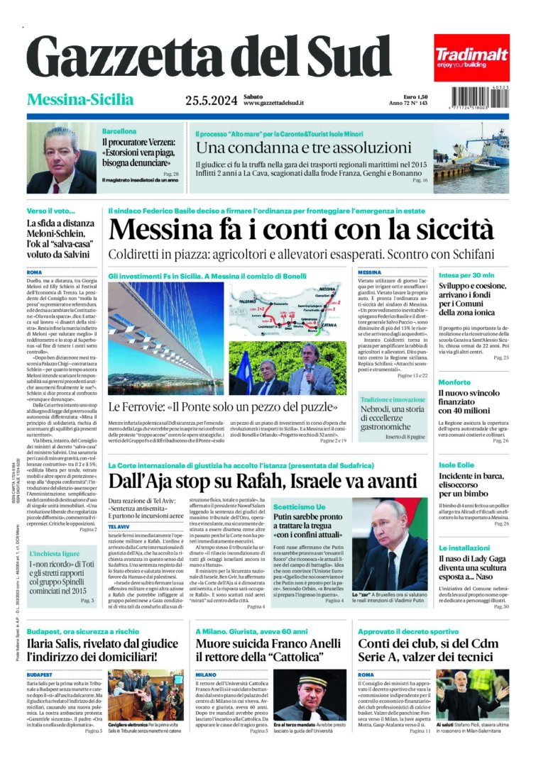 Prima-pagina-gazzetta-del-sud-messina-edizione-di-oggi-25-05-2024