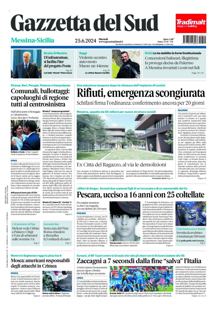 Prima-pagina-gazzetta-del-sud-messina-edizione-di-oggi-25-06-2024