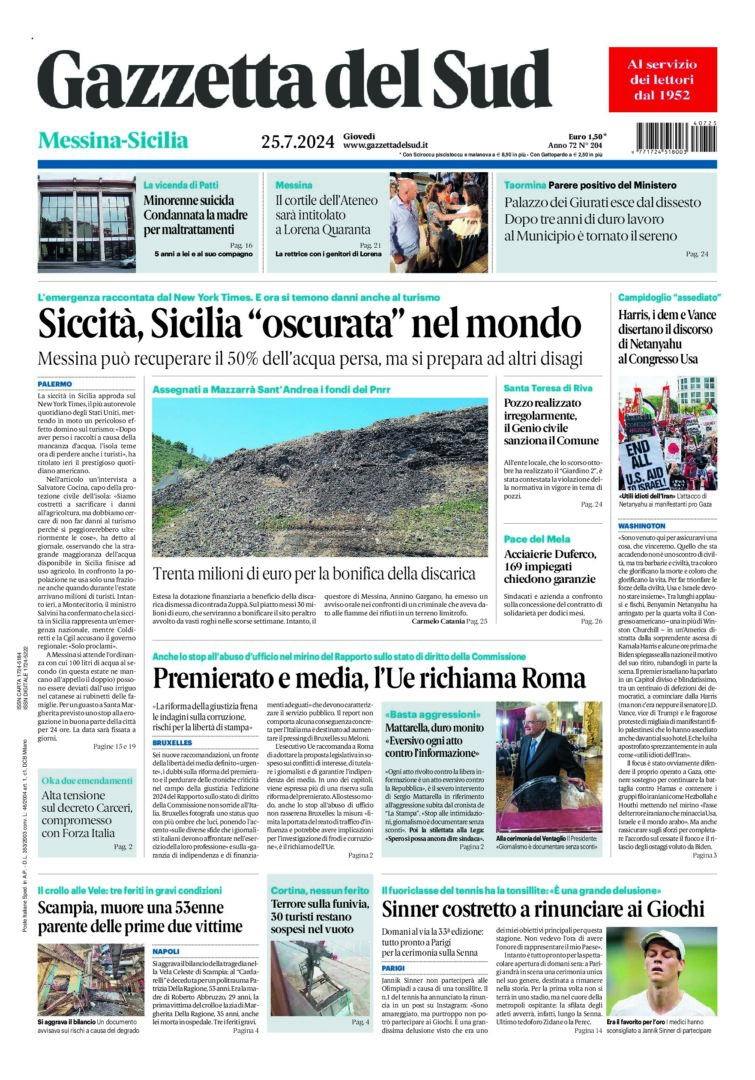 Prima-pagina-gazzetta-del-sud-messina-edizione-di-oggi-25-07-2024