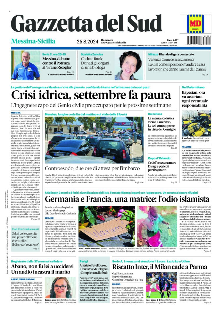 Prima-pagina-gazzetta-del-sud-messina-edizione-di-oggi-25-08-2024