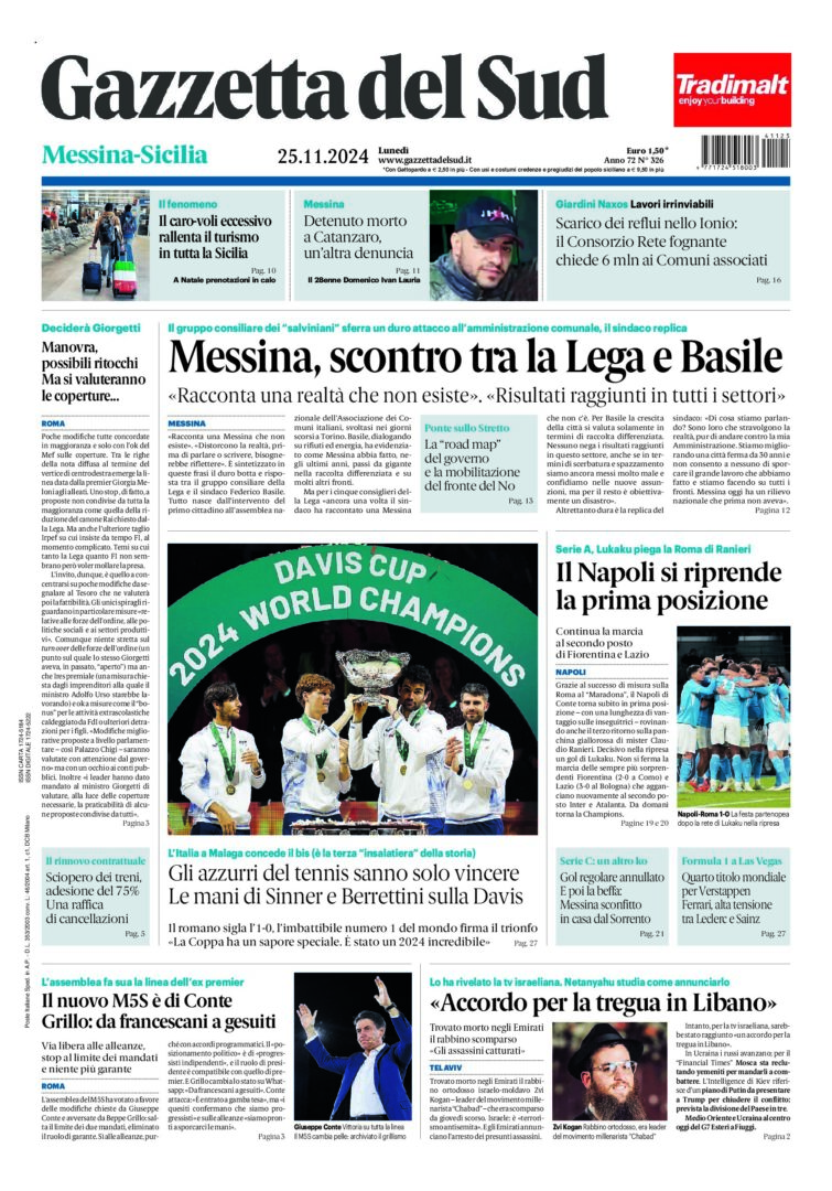 Prima-pagina-gazzetta-del-sud-messina-edizione-di-oggi-25-11-2024