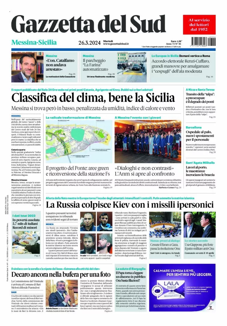 Prima-pagina-gazzetta-del-sud-messina-edizione-di-oggi-26-03-2024