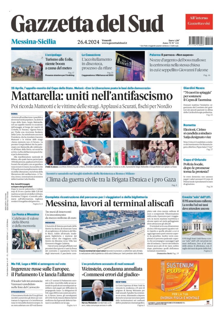 Prima-pagina-gazzetta-del-sud-messina-edizione-di-oggi-26-04-2024