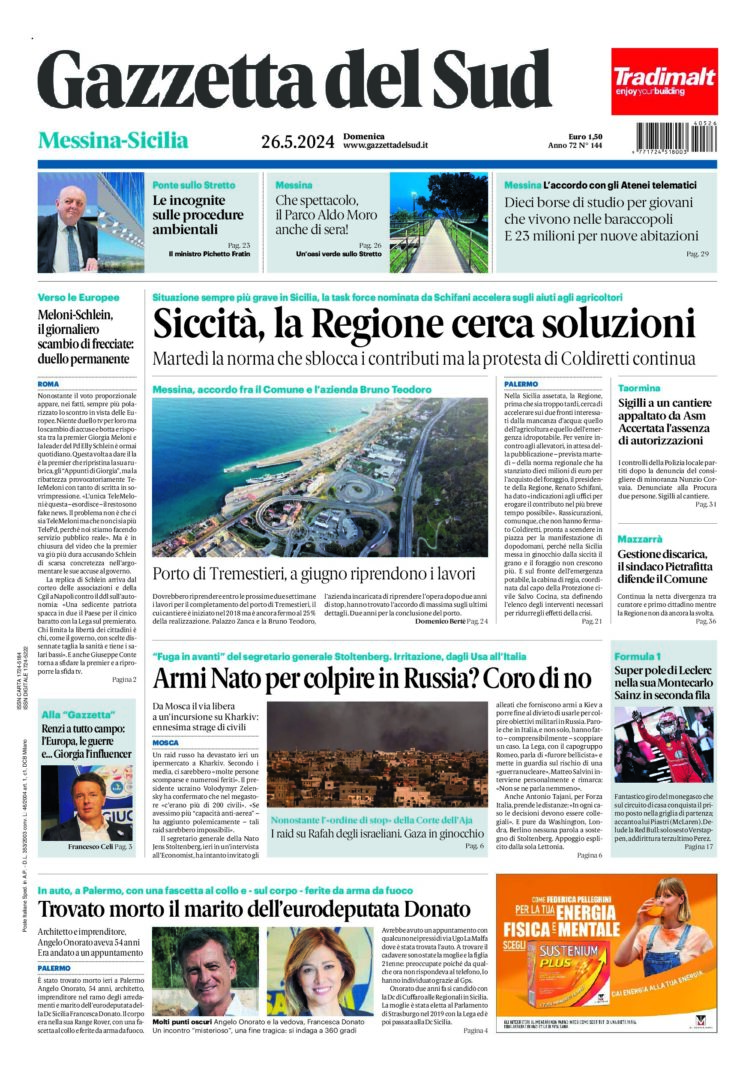 Prima-pagina-gazzetta-del-sud-messina-edizione-di-oggi-26-05-2024