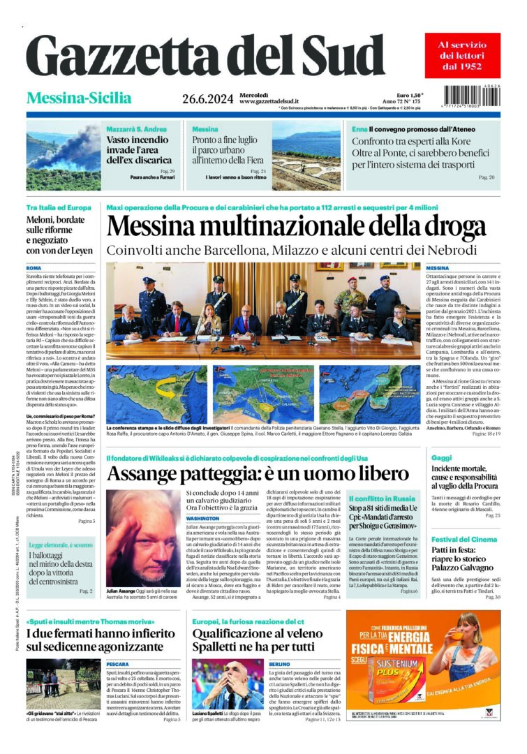 Prima-pagina-gazzetta-del-sud-messina-edizione-di-oggi-26-06-2024